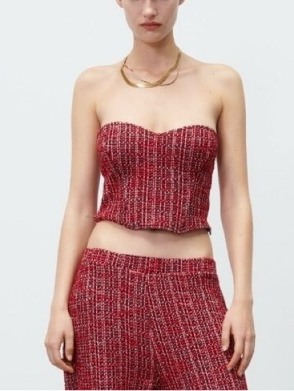 Zara Tweed Corset Crop Top Red Black Strapless Blogger Favorite Chic